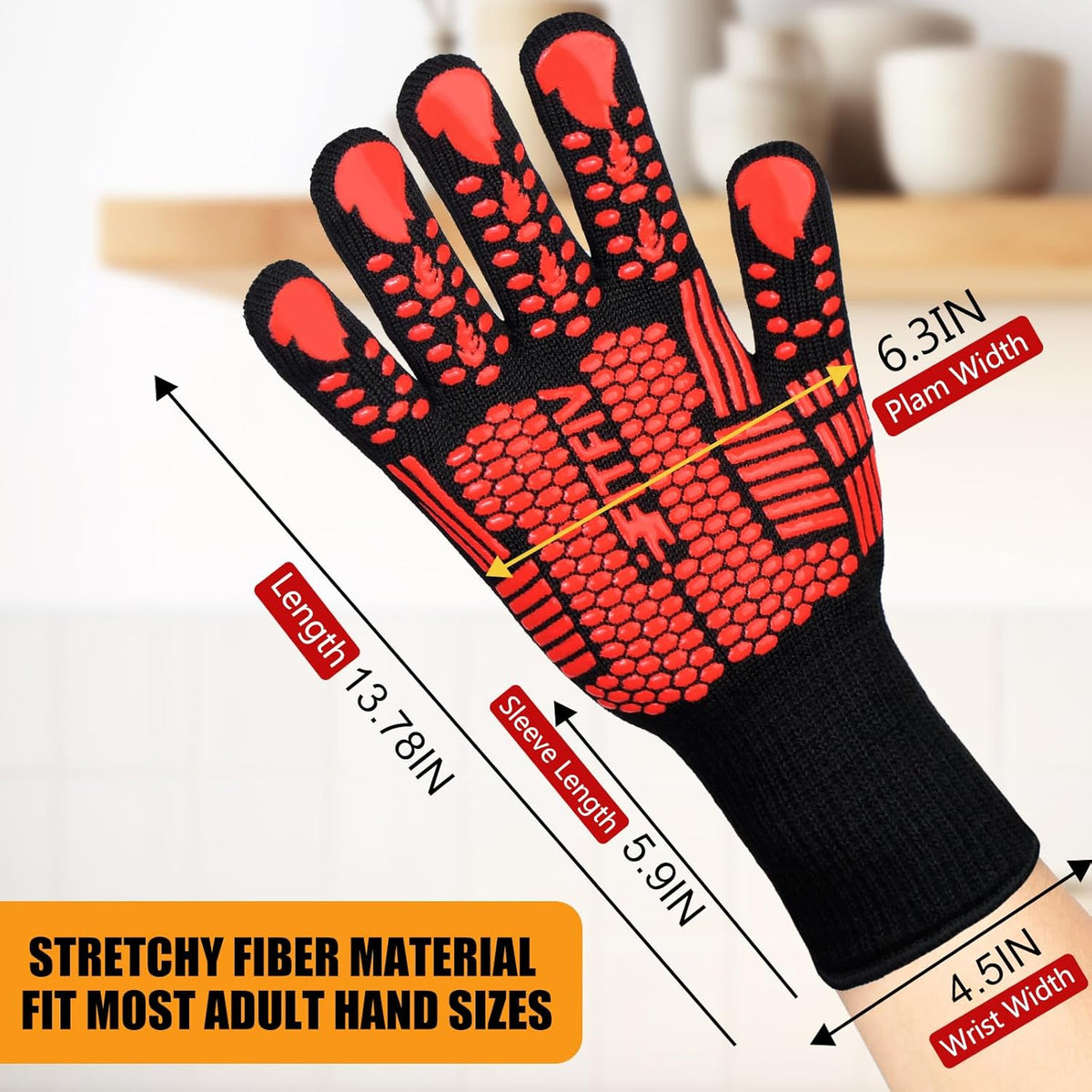 BBQ Gloves, Oven Gloves, Extreme Heat Resistant Barbecue Gloves, Silicone Non-Slip Oven Mitts, Kitchen Gloves for Cooking, Grilling, and Baking (Red)