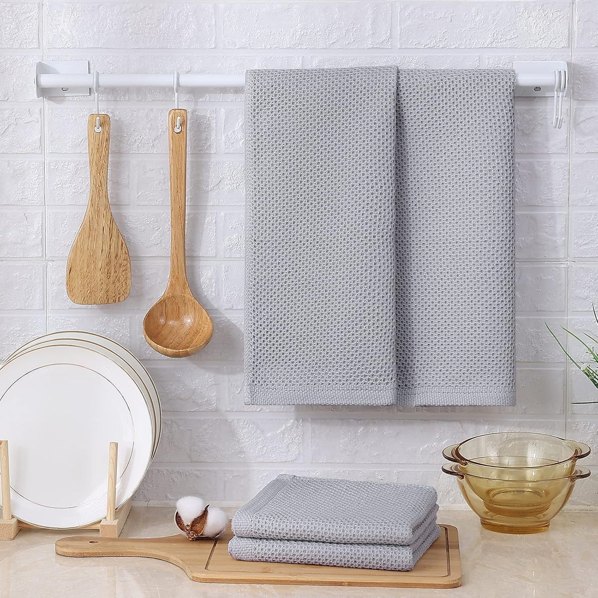 Kitinjoy 100% Cotton Waffle Weave Kitchen Dish Towels, 4-Pack Super Soft and Absorbent Kitchen Towels, 13 in x 28 in, Light Grey