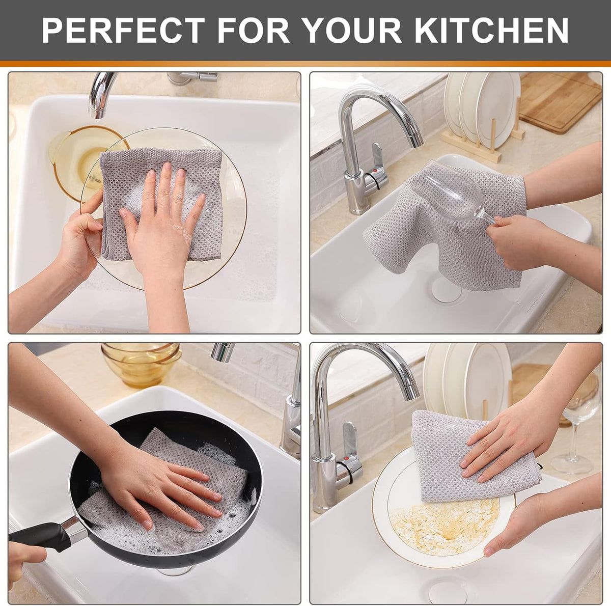 Kitinjoy 100% Cotton Kitchen Dish Cloths, 6 Pack Waffle Weave Ultra Soft Absorbent Dish Towels for Drying Dishes Quick Drying Kitchen Towels Dish Rags, 12 X 12 Inches, Light Grey