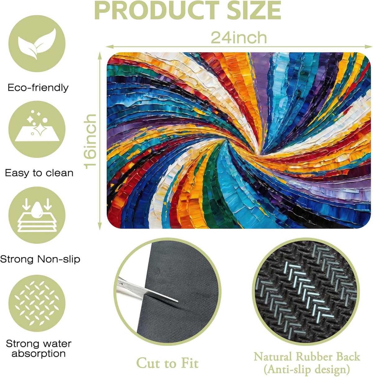 Kitchen Mat Swirl Colorful Textured Dish Drying Mat 16"x24" Bsorbent Coffee Maker Mat for Sink Dishes or Under Rack Kitchen Counter Accessories Absorbent Hide Stain Rubber Backed Dish Drying Pad