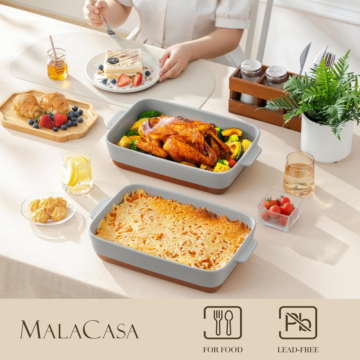 MALACASA Lasagne Dishes for Oven, 4.8 Qt Ceramic Oven Dish with Handles, 9 x 13 Inch Deep Rectangular Baking Dish Casserole Dishes, Grey Lasagna Pan Bakeware for Roasting, Series TARA