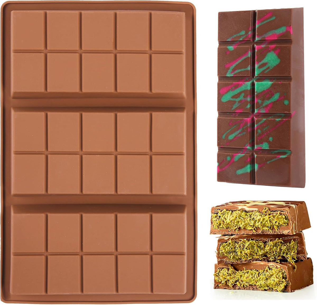 1 Inch Deep Chocolate Bar Mold, 3 Cavity Large Dubai Chocolate Molds, Thick Candy Bar Mould for Filling（1 Pack）