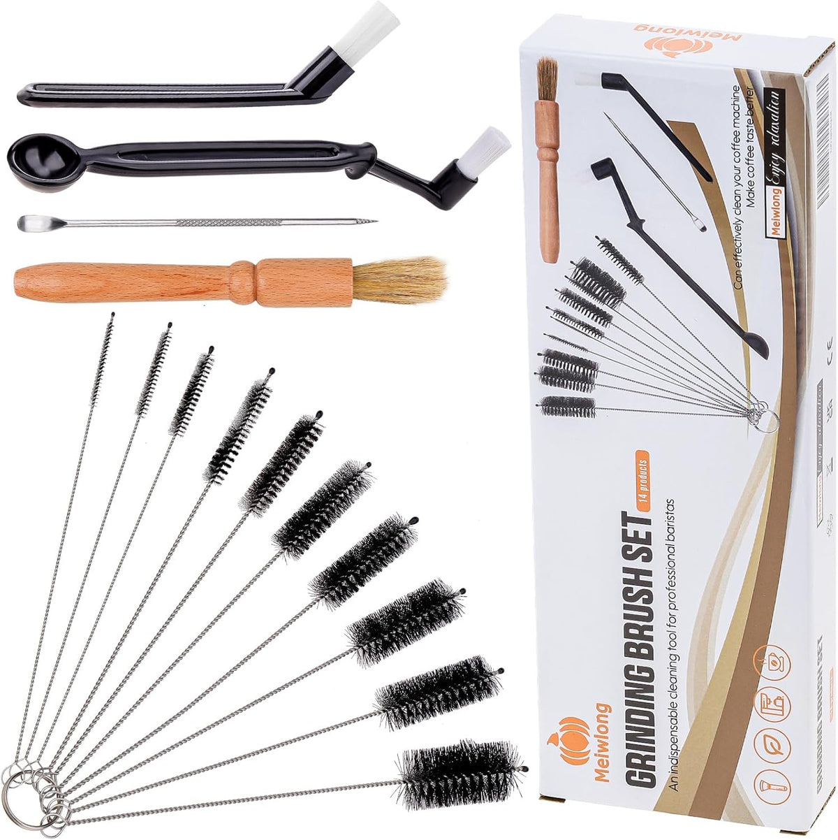 14 PCS Coffee Grinder Cleaning Brush Set Espresso Machine Cleaning Brush Kit, Multifunctional Burr Cleaner Brushes Bristle Tools for Barista Home Kitchen Commercial Use