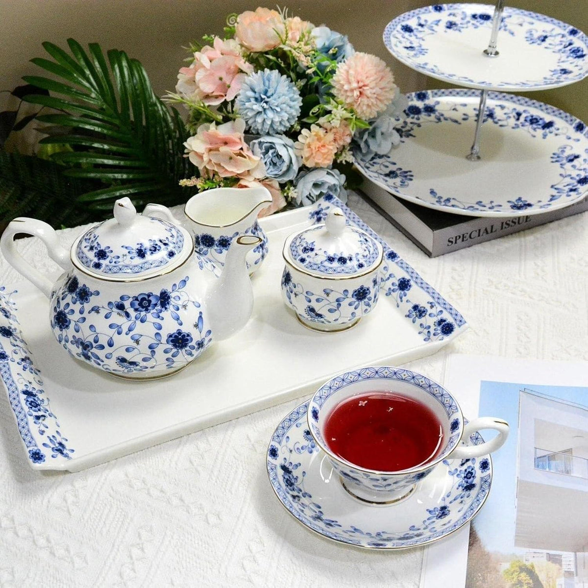 Bone China Tea Set for Adults, 13-Piece Porcelain Tea Sets,Blue and White Bone China Tea Cup Set for 4，Vintage Tea Sets for Women Tea Party or Christmas Gifts
