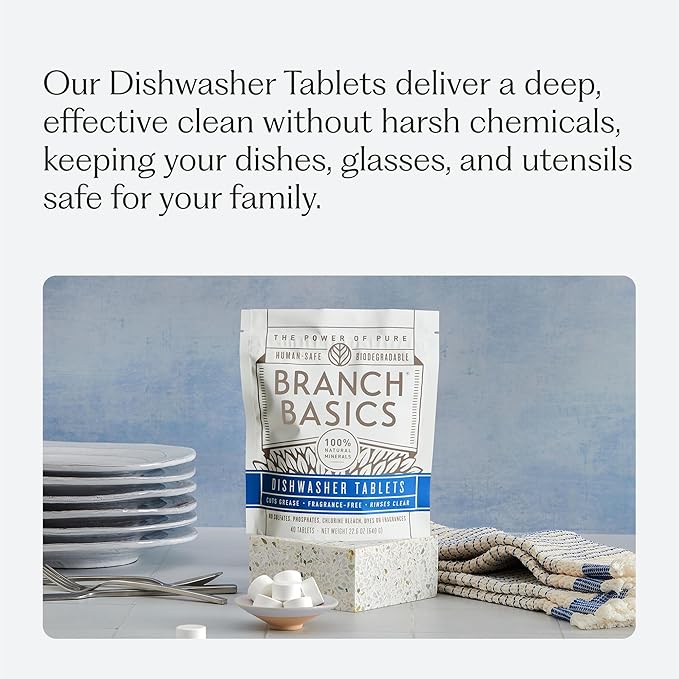 Branch Basics Dishwasher Tablets – 40 Ct, 3 Pack | Plastic-Free, Fragrance-Free, Human-Safe | Delivers a Powerful Clean Without Harsh Chemicals