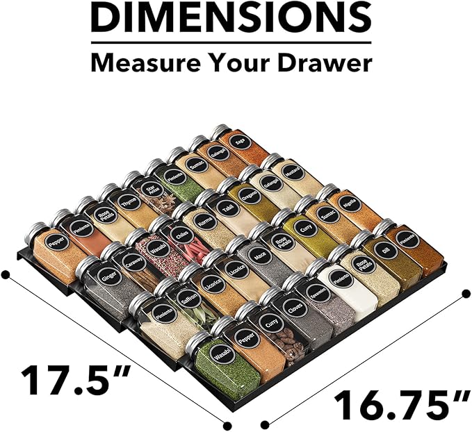 SpaceAid Spice Drawer Organizer with 36 Spice Jars, 386 Spice Labels, 4 Tier Seasoning Rack Tray Insert for Kitchen Drawers, 16.75" Wide x 17.5" Deep