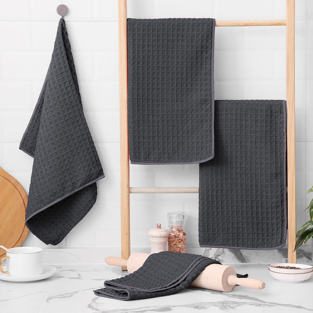 Homaxy Microfiber Waffle Weave Kitchen Towels, 16 x 28 Inch Ultra Absorbent and Solid Color Dish Towels, 6 Pack, Dark Grey