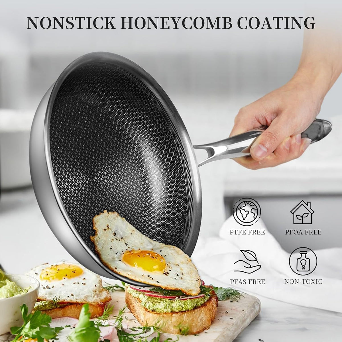 12 inch Tri-Ply Stainless Steel Frying Pan With Lid Large Nonstick Honeycomb Coatings Skillet for Eggs & Omelettes Non Toxic Healthy Omelette Pan Compatible W/All Cooktops