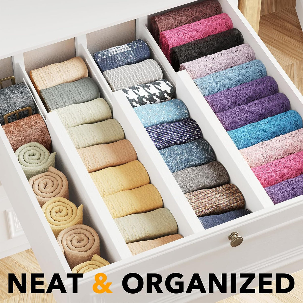 SpaceAid Bamboo Dresser Drawer Dividers 6 Pack, 4.65“ High Adjustable 12.5“-17” Drawer Organizers, Expandable Organization for Clothing, Clothes, Dressers, White