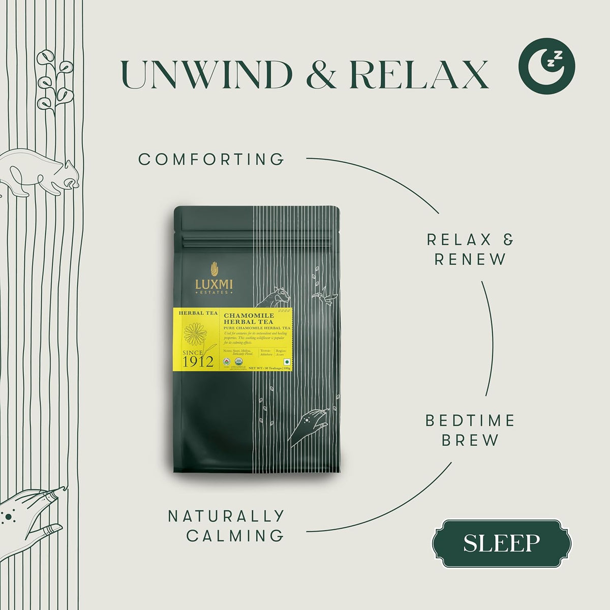 Luxmi Estates Chamomile Herbal Tea, 50 Tea Bags, Herbal Tea, Caffeine-Free, Single Ingredient Pure Chamomile, 50 Cups