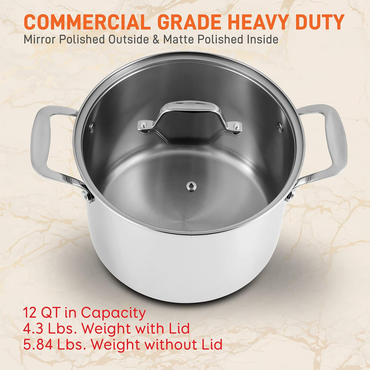 NutriChef 12-Quart Stainless Steel Stockpot – 18/8 Food Grade Heavy-Duty Induction-Compatible Pot with See-Through Lid, Ideal for Stews, Broths, Simmering & Soups, Dishwasher Safe – NCSP12