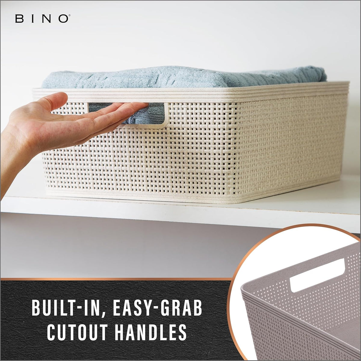 BINO | Woven Plastic Basket | Small (Natural Grey), 4-Pack | THE JUTE COLLECTION | Home Organization, Space - Saving Storage, Stylish Design | Jute Basket | Plastic Storage Basket