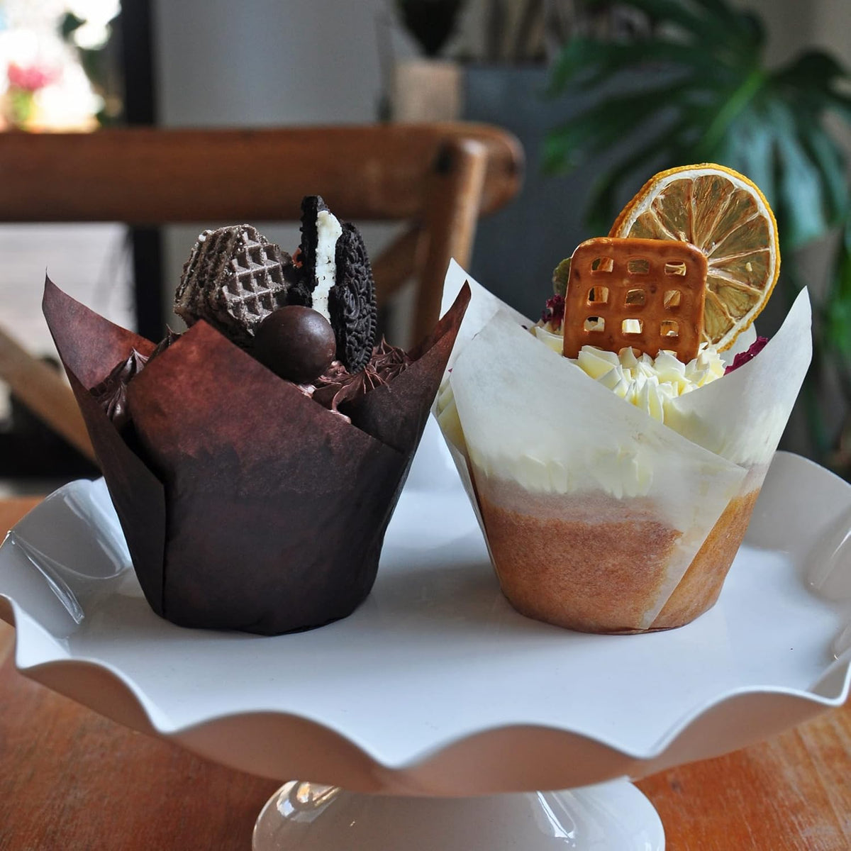 Large size White+Brown Tulip Baking Cups 2-1/4"(Base diameter) x 4"(Wall height) Greaseproof paper baking cupcake Muffin liners, Case of 130 pcs