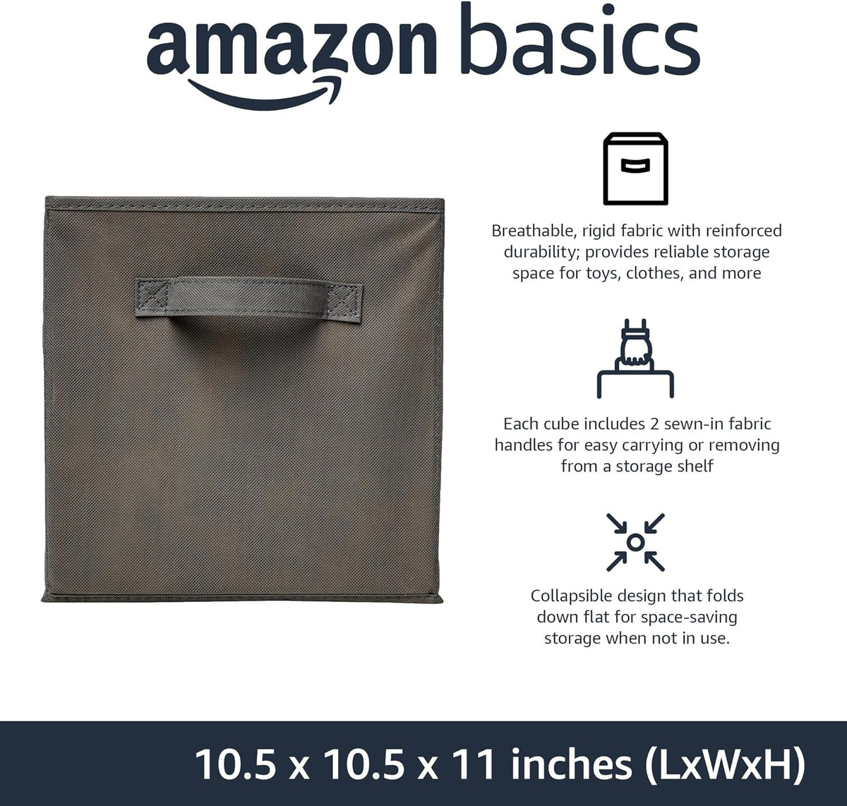 Amazon Basics Collapsible Fabric Storage Cubes Organizer with Handles, Sturdy, Gray, 10.5-x-10.5-x-11-inch, Pack of 6