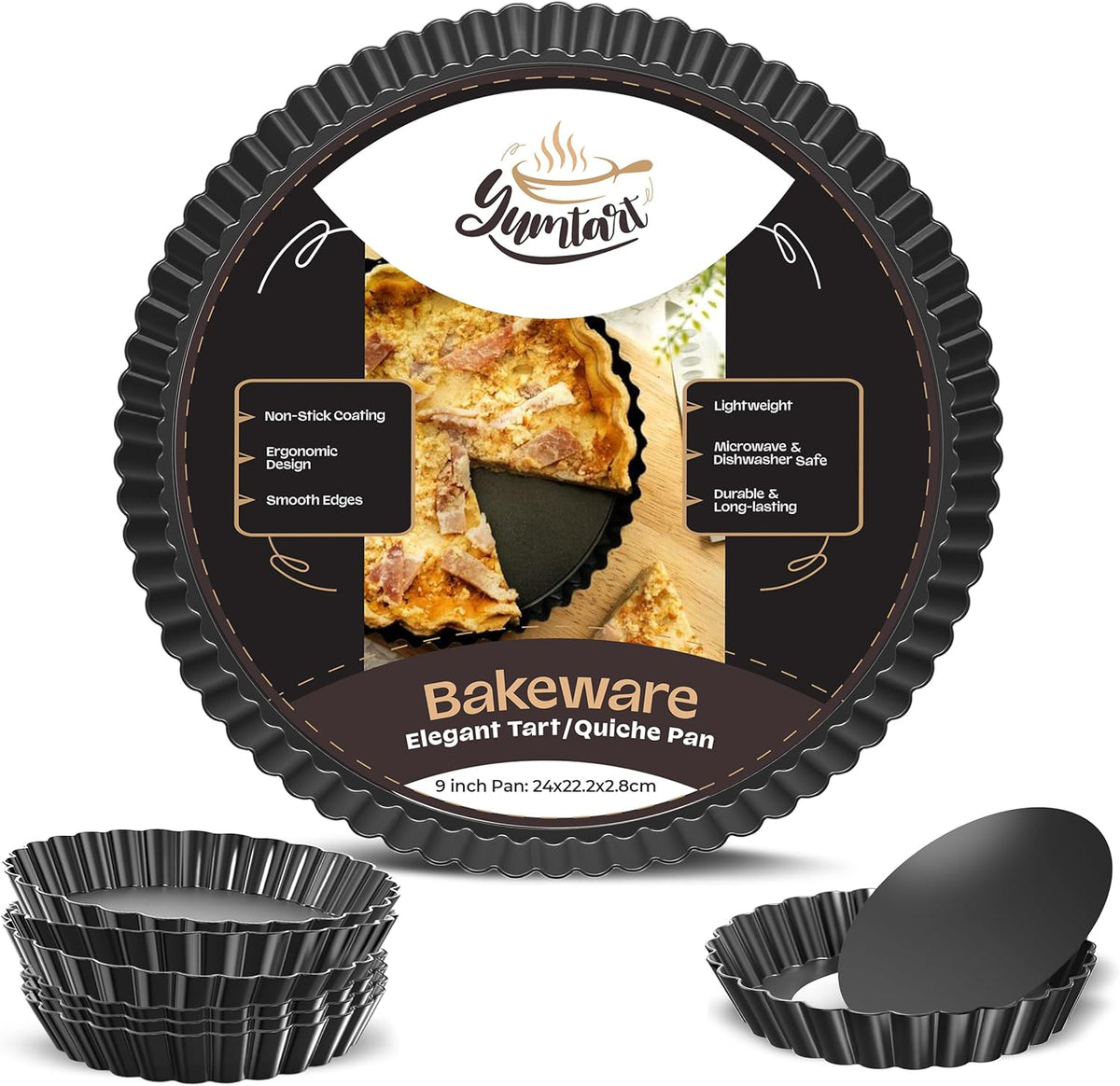 Bundle Pack 9" and 4" Mini Tart and Quiche Pan Combo, False Bottom, Deep Fluted Tart and Quiche with Removable Bottom - Non-Stick