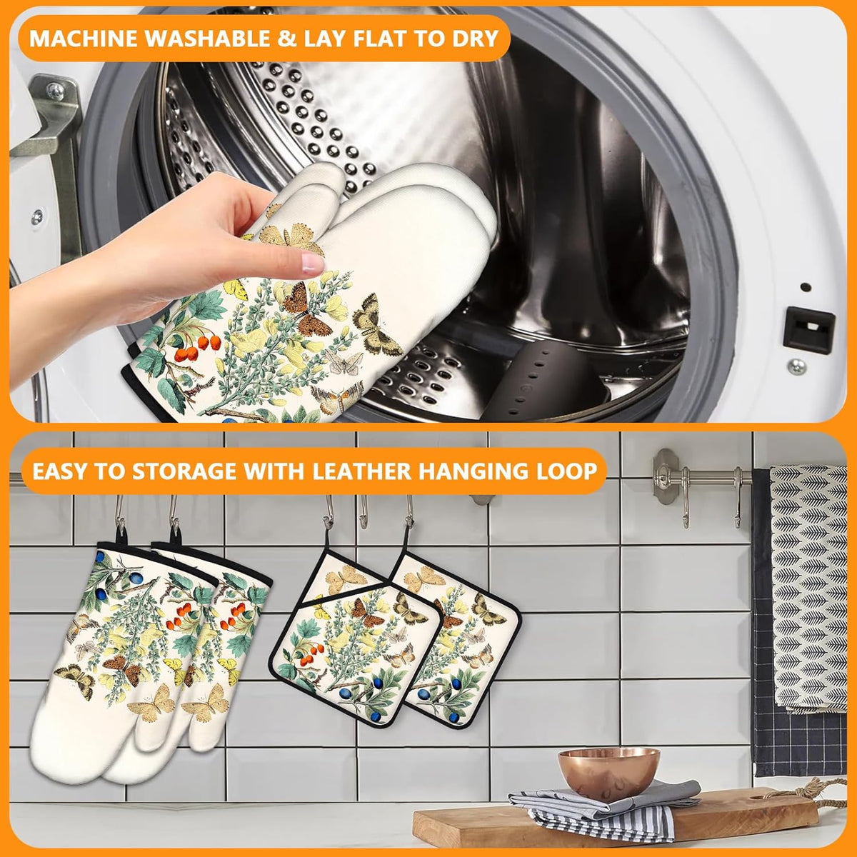 Wildflowers Butterfly Oven Mitts and Pot Holders Sets 4Pcs,Extra Long Oven Gloves Potholder for Kitchen Cooking Baking BBQ 100% Cotton Heat Resistant