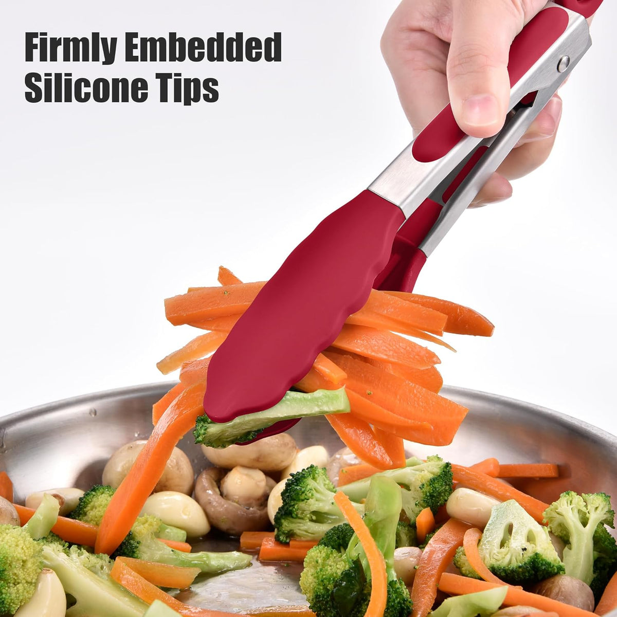 Doosu Kitchen Tongs for Cooking - 600°F Heat Resistant Food Tong with Non-Scratch Silicone Tips, Heavy Duty Stainless Steel Locking Tong for BBQ, Grilling Steak, Serving Salad, Pasta (7in, Red)