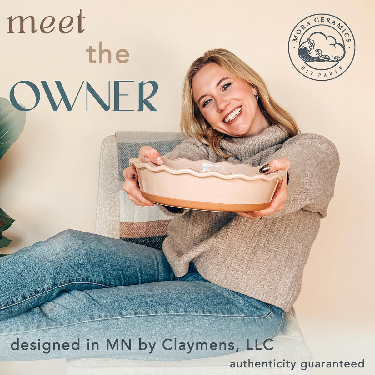 Mora Modern Farmhouse Style Ceramic Pie Pan - Deep and Fluted Dish - 9 Inch - Baking Pies: Apple, Quiche, Pot Pies, Tart