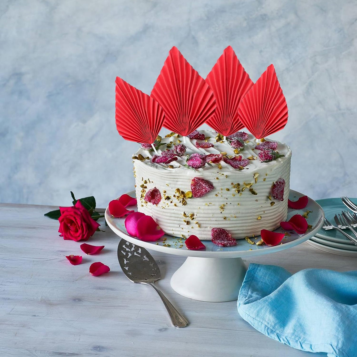 Gyufise 6Pcs Paper Palm Fan Cake Toppers Palm Spear Leaves Fan Cupcake Toppers Cake Insert Decorations Craft DIY Cake Bakeware Decoration for Birthday Party Wedding Party Decor Supplies Red