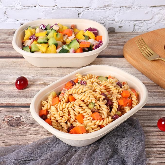 25 oz Disposable salad bowls with lids, Sugarcane Fiber Paper Bowls take away Bagasse food containers meal prep deli container 50 Pack