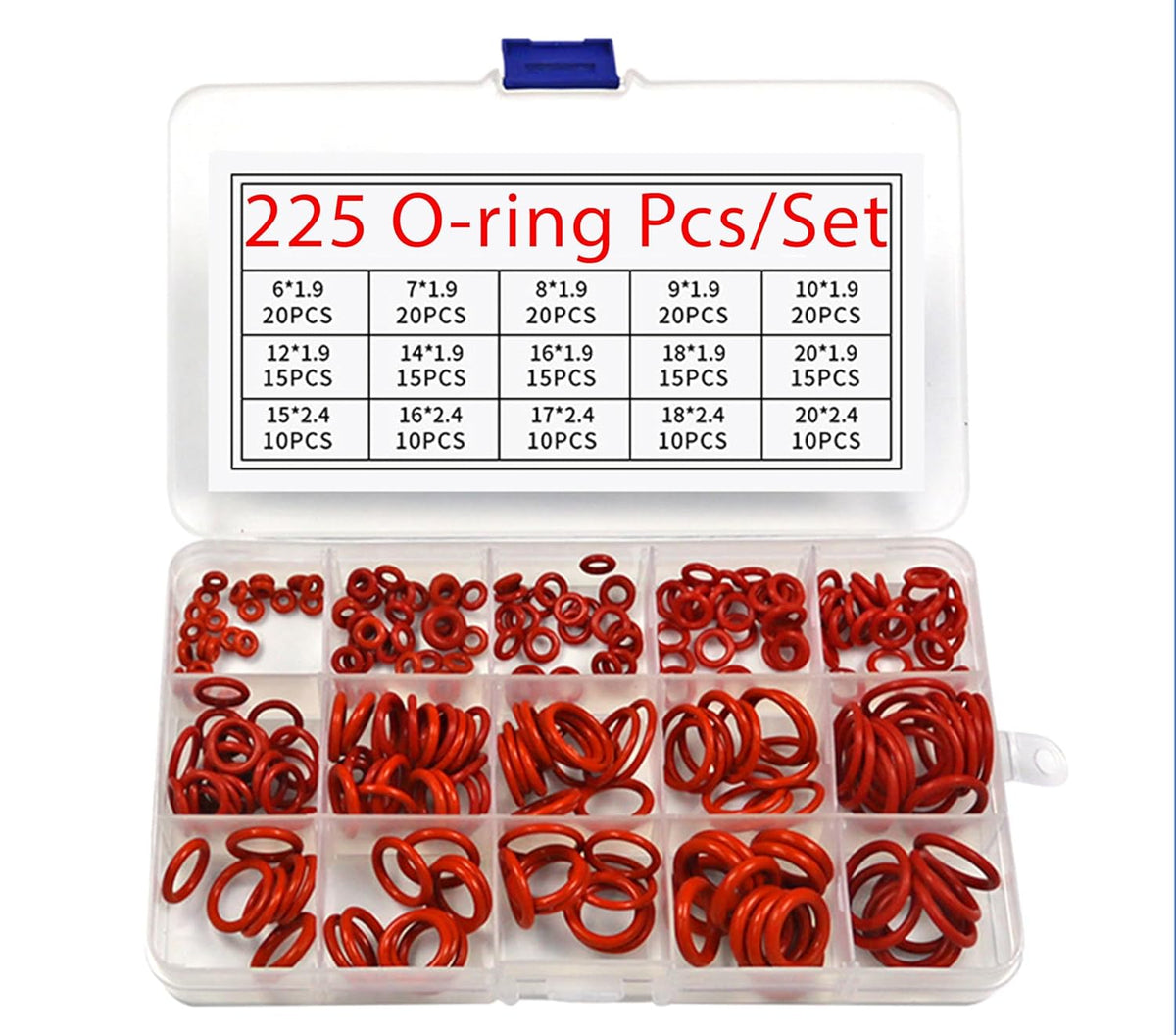 Silicone Rubber O-Ring Assortment Kit 225 Pieces 15 Sizes Metric VMQ Sealing Gasket Set for Cup Lids, Coffee Maker, Brewing Fitting, Washer, Filter, Pump, Plumbing, Hose, Gauge, Auto, Machine, Red.