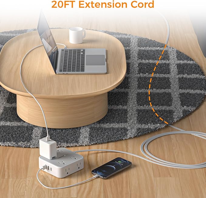 Flat Plug 20 FT Long Extension Cord, TESSAN Ultra Thin Power Strip Surge Protector with 8 AC Outlets, 900J, 3 USB Charger(1 USB C), Multi Port Charging Station for Home, Office, Dorm Room Essentials