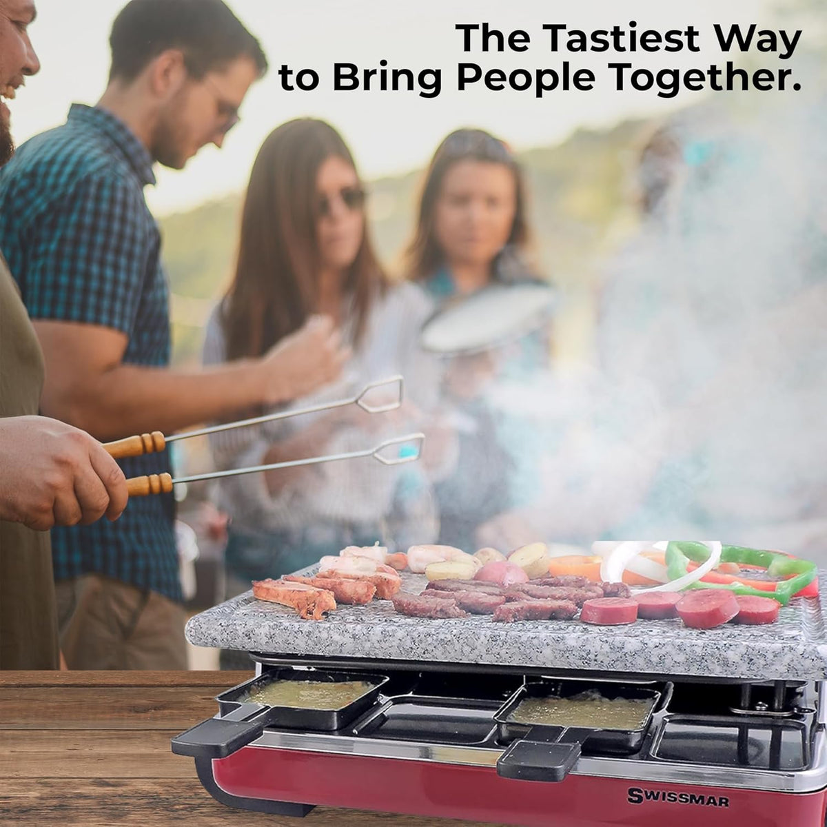 Swissmar Classic 8-Person Raclette Party Grill - Indoor Electric Grill & Griller with Granite Stone Grill Plate - Red