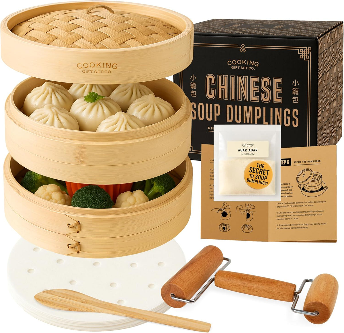 Cooking Gift Set Co. Bamboo Steamer Basket Soup Dumpling Kit - 2 Tier 8-Inch Dumpling Steamer for Cooking with Agar Agar, Roller, Spoon, Liners, Recipes & Step-by-Step Video (6-Piece Set)