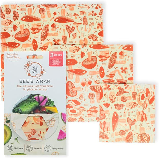 Bee's Wrap Beeswax Wraps for Food - Mushroom Magic 3 Pack (S, M, L) Made in USA Reusable & Organic Food Wraps, Sandwich Wrap & Bowl Covers - Eco-Friendly Alternative to Aluminum Foil & Plastic Wrap
