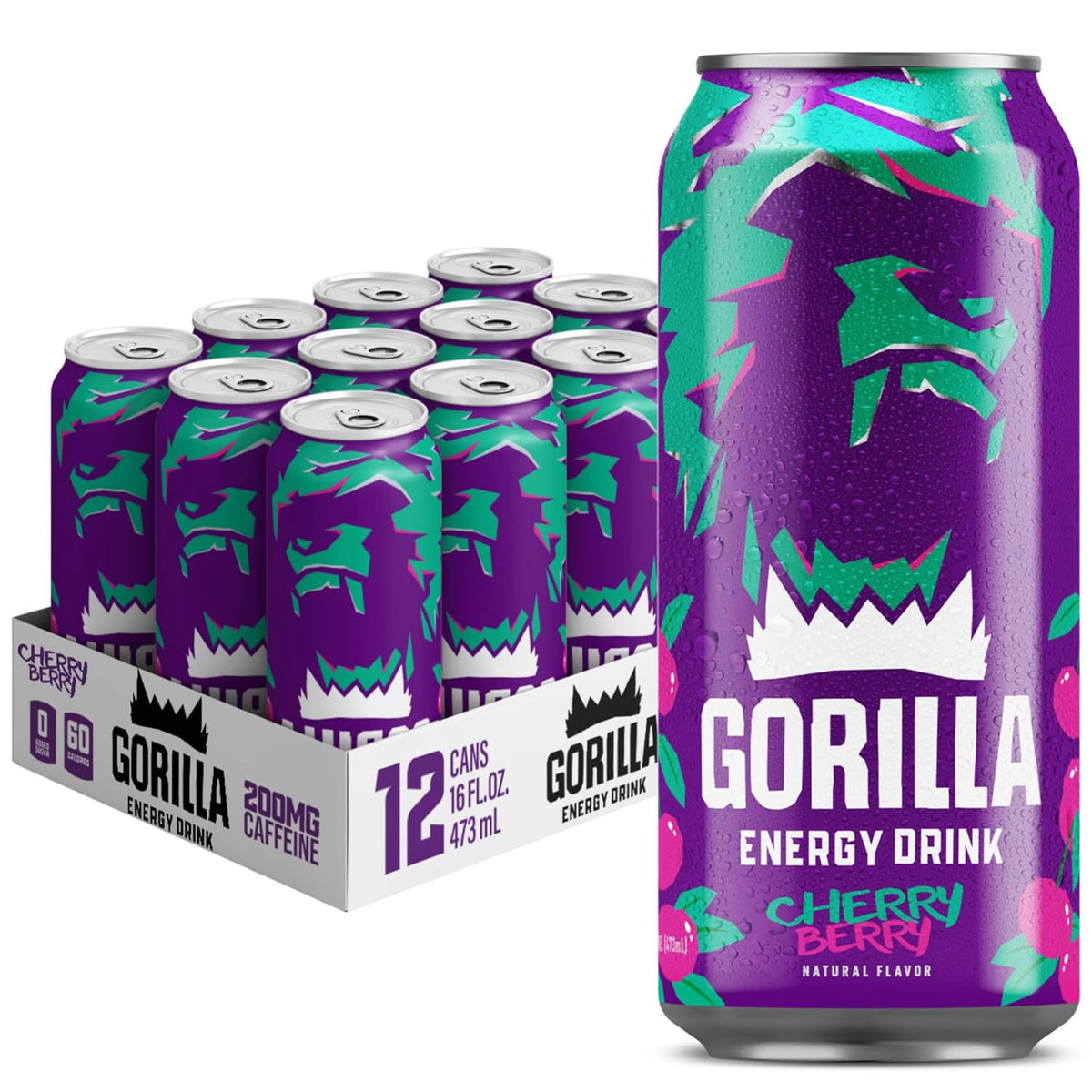 Gorilla Energy Drink, Cherry Berry, 200mg Natural Caffeine, Real Fruit Juice Squeezed & Concentrated, L-Theanine, Taurine, Ginseng, Acetyl L-Carnitine, No Added Sugar and No Artificial Colors, 12 Pack