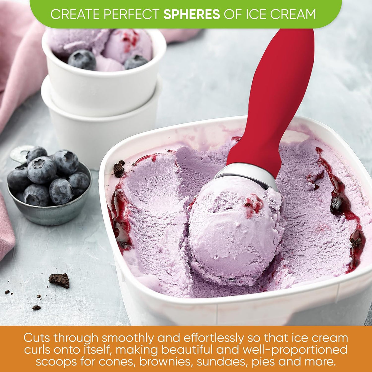 Spring Chef Ice Cream Scoop with Soft Grip Handle, Professional Heavy Duty Sturdy Scooper, Premium Kitchen Tool for Cookie Dough, Gelato, Sorbet, Red