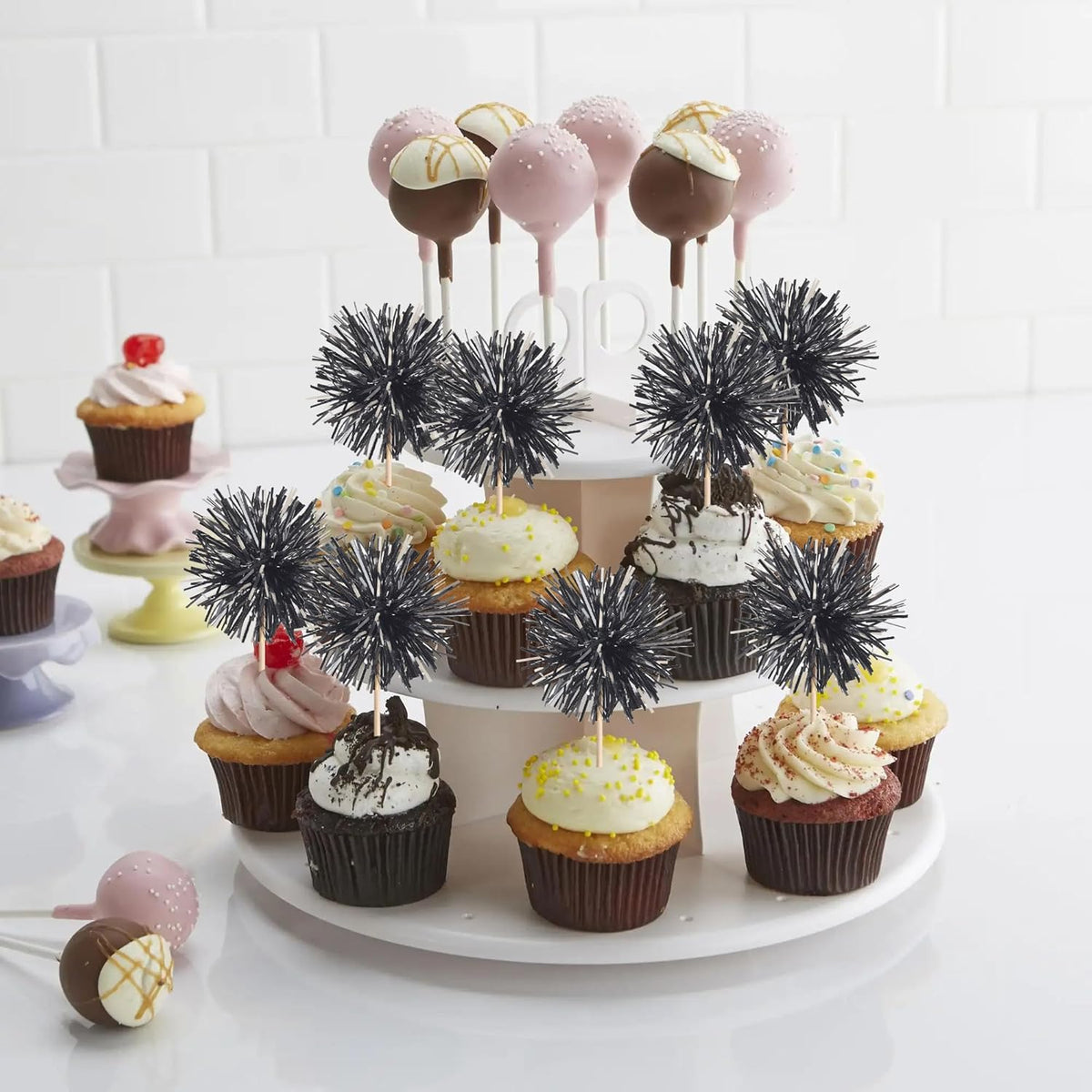 40 PCS Black Foil Firework Cupcake Toppers Sparkle Tinsel Cupcakae Picks Sparkler Fireworks Party Decorations Cocktail Fruit Toothpick for Birthday Wedding Graduation Party Decorations Supplies