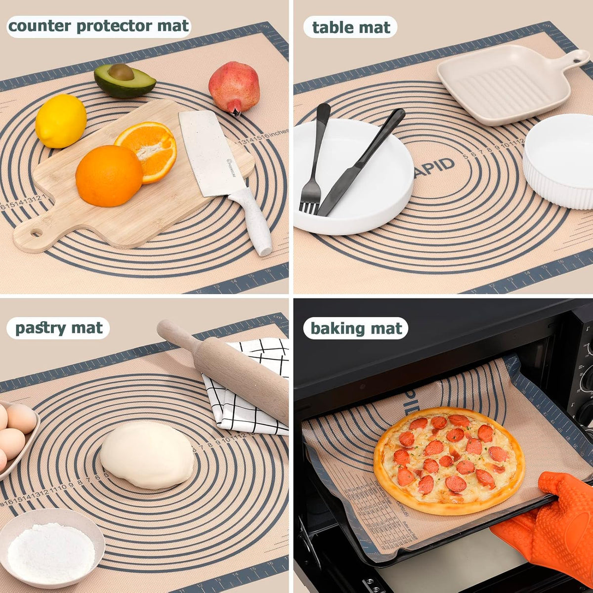 Non Slip Silicone Pastry Mat Large with Measurements for Non-stick Dough Rolling, Pie Crust, Pastry Roll Out, Cookies,Bread and Silicon Kneading Mat (16" x 24", Gray)