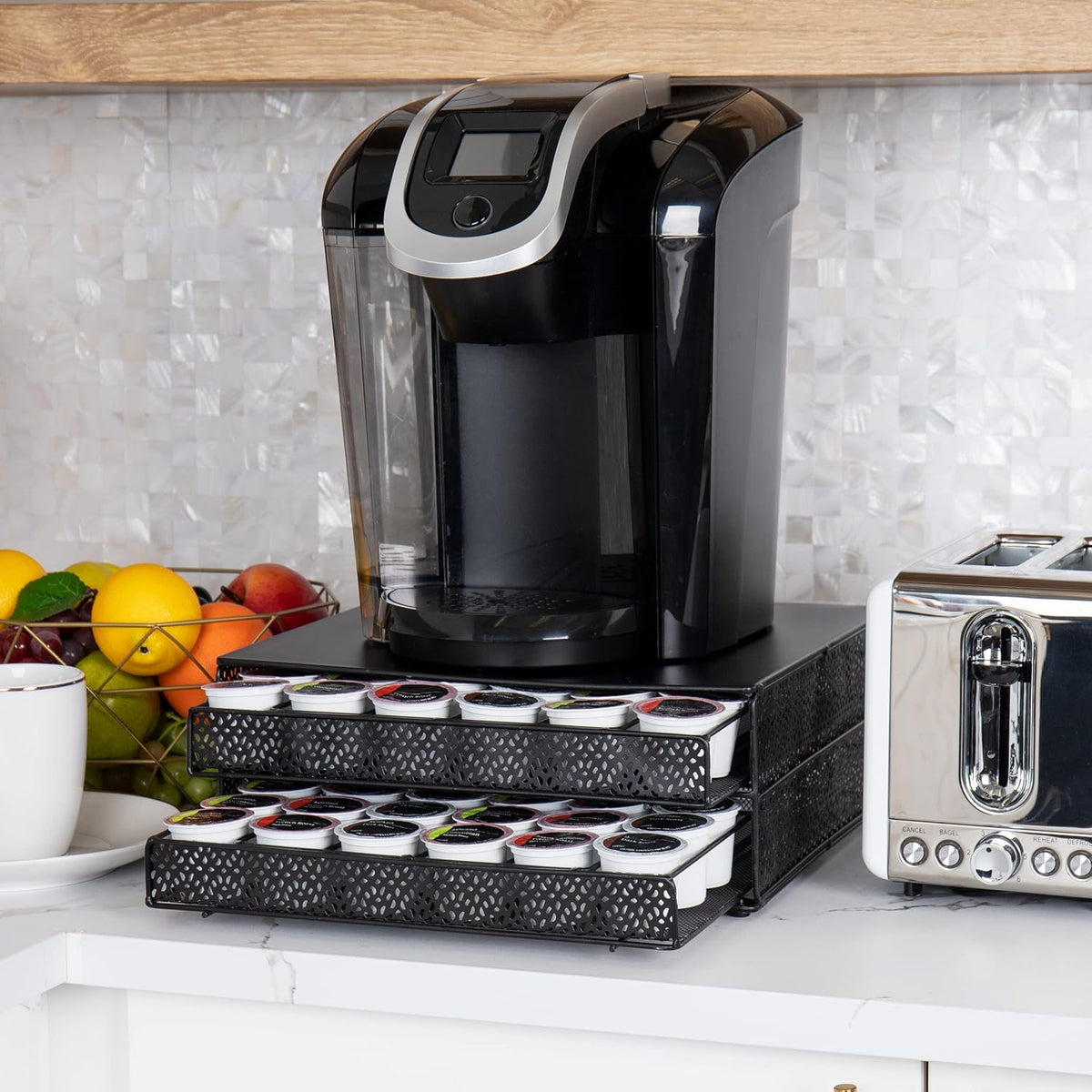 Mind Reader Single Serve Coffee Pod Organizer with 2 Drawers, 72 Pod Capacity, Metal Mesh, 13"L x 12.75"W x 5"H, Black