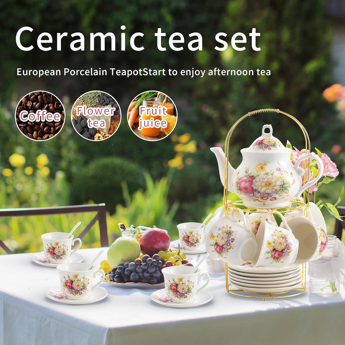 20-Pieces Porcelain Tea Sets For Women, Tea Set For Adult with Golden Metal Rack,Tea Gift Sets for Home&Party(012)