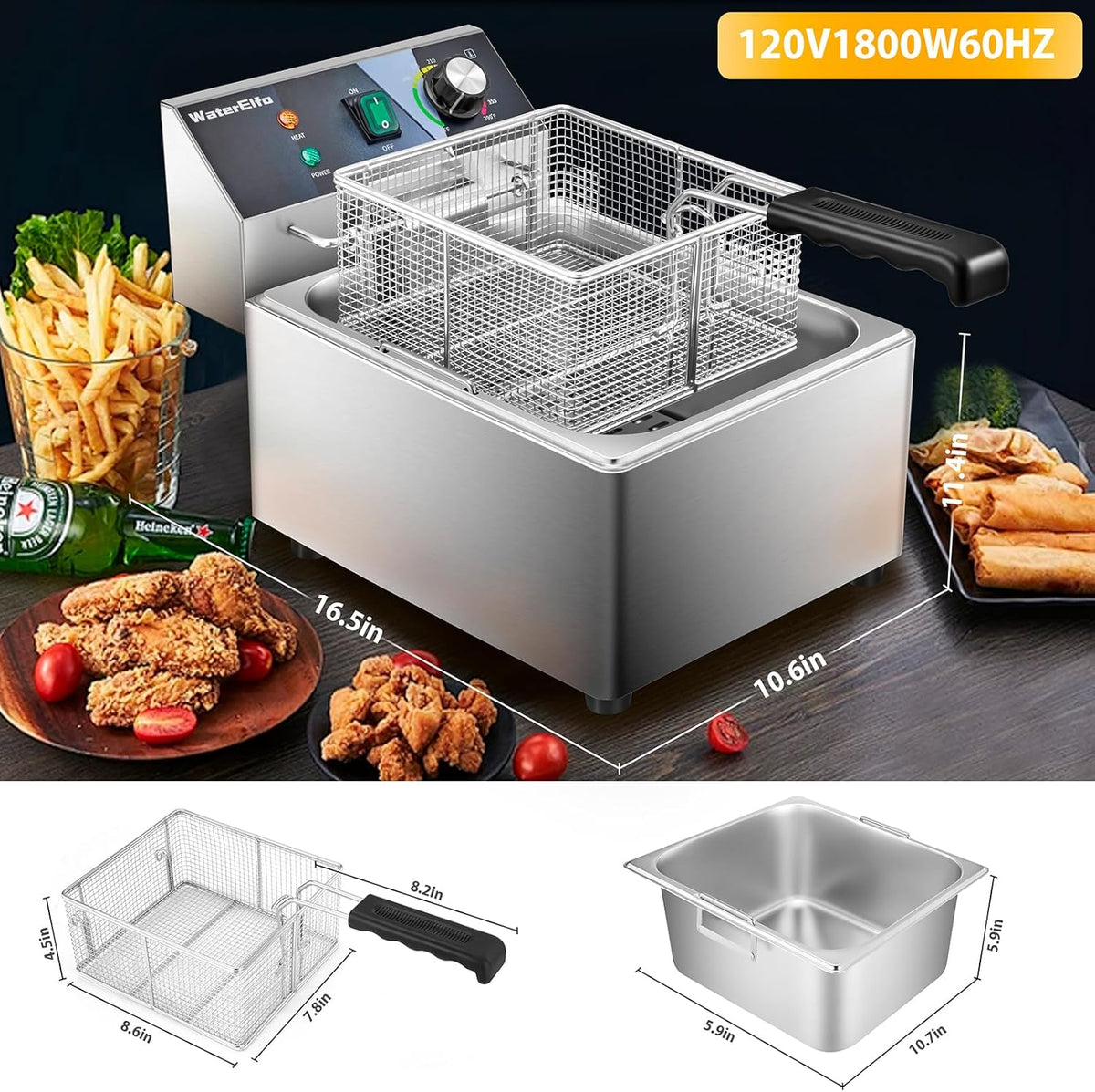 Deep Fryer With Basket 9L/9.5QT Home Use Small Deep Fryer 1800W Commercial Deep Fryers For Kitchens And Dining Rooms With Thermostat Stainless Steels 120V
