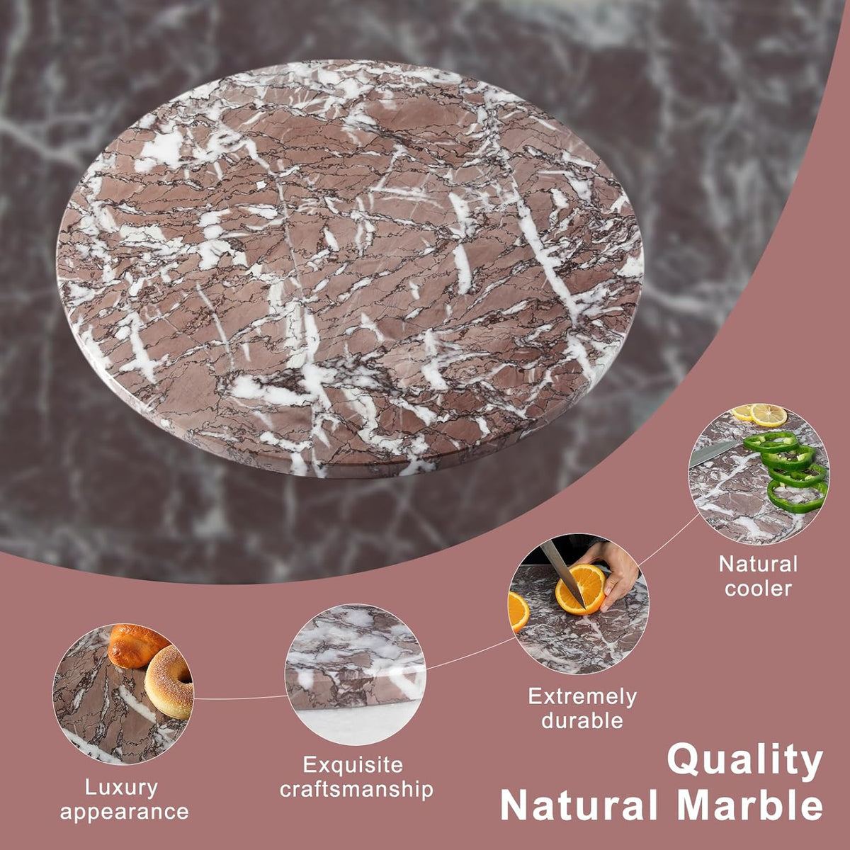 Koville African Lilac Marble Cutting Board Serving Tray for Kitchen Countertop, 16" Large Marble Cheese Board for Baking, Charcuterie, Pastry, Trivet, Heat Resistant Stone Cutting Boards for Kitchen
