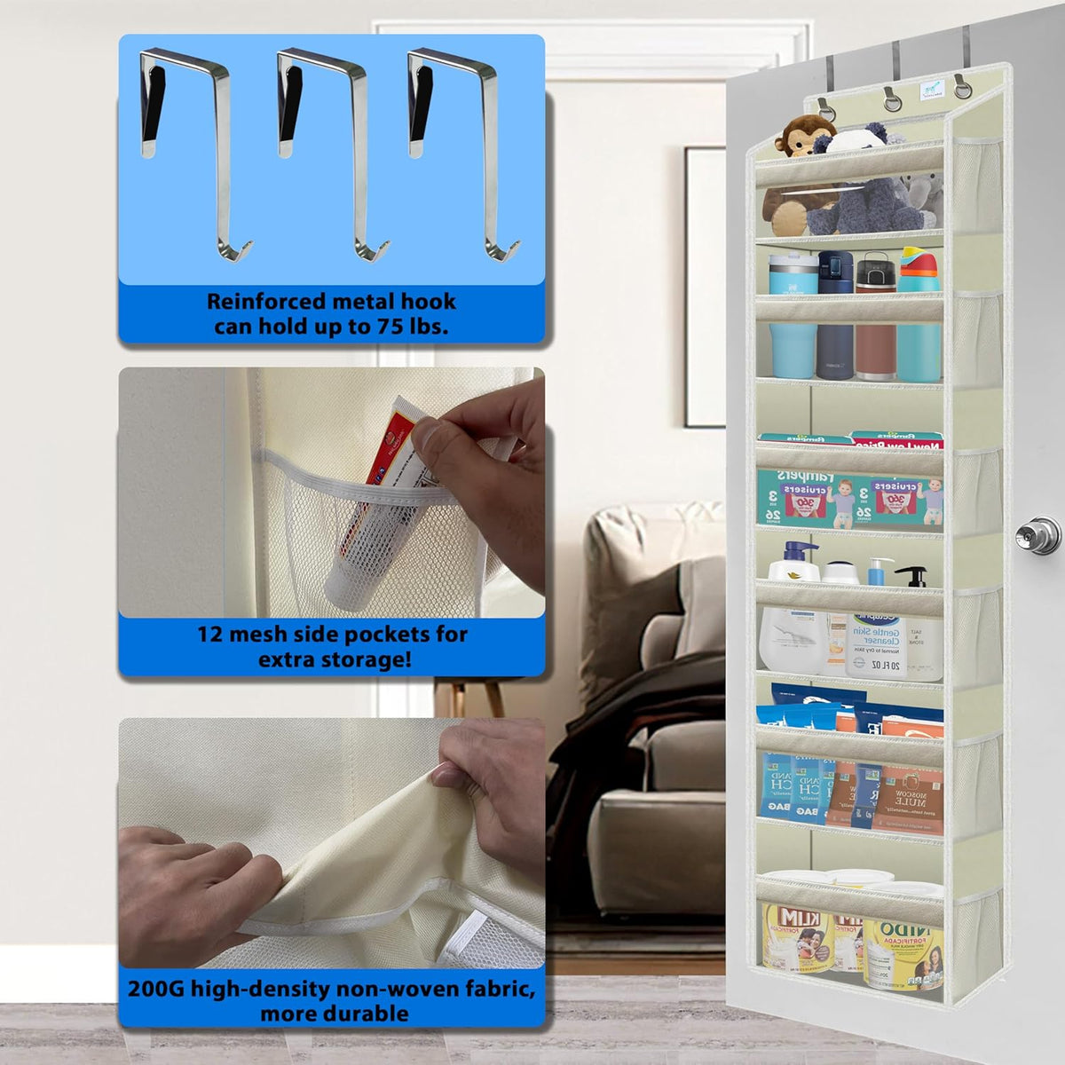 over the door organizer, Solid Bamboo Board (Not Plastic!) 6-Tier Heavy Duty 75LB, 12 Side Pockets, 3 Reinforced Hooks & Anti-Slip Pads, Waterproof & Washable, No Sagging, No Door Damage,Ivory