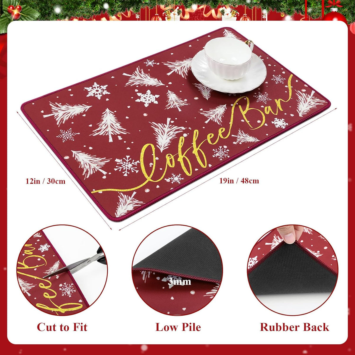 SHACOS Christmas Coffee Mat 2-Pack 12x19 Absorbent Non Slip Coffee Maker Mat for Countertop Accessories Heat Resistant, Christmas Red