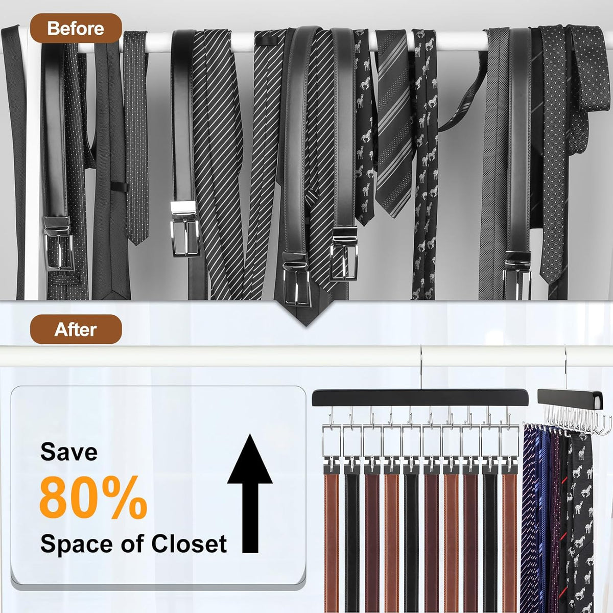 TOPIA HANGER 20 Hooks 2 in 1 Belt Tie Hanger for Closet Max 30 Belts with 30 Ties Capacity, Belt Tie Racks Wooden Hanger for Closet Organizer Storage “U” Fit for Belt and “一” Fit for Tie - CT47B