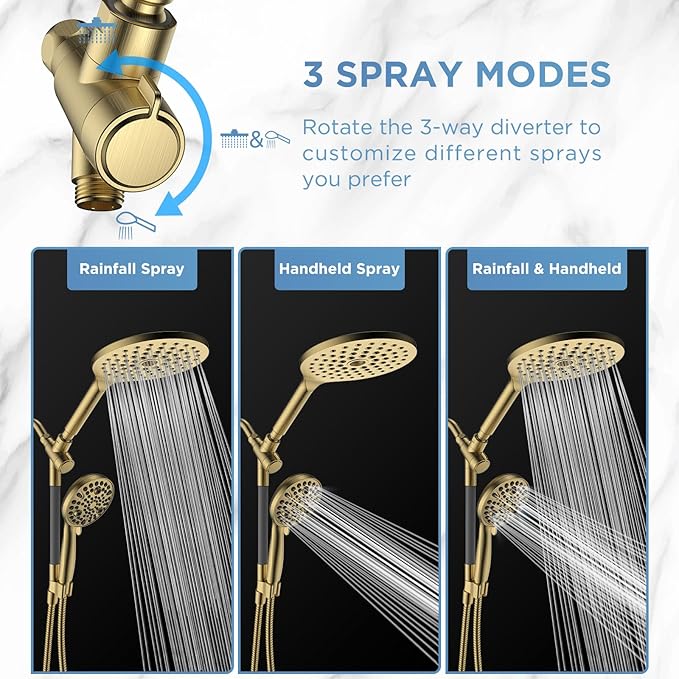 Dual Handheld Shower Head Combo, 2-in-1 Rain Shower Heads System 8 Inch Rainfall Shower Head and 10 Modes High Pressure Hand Held Showerhead with Built-in Power Wash