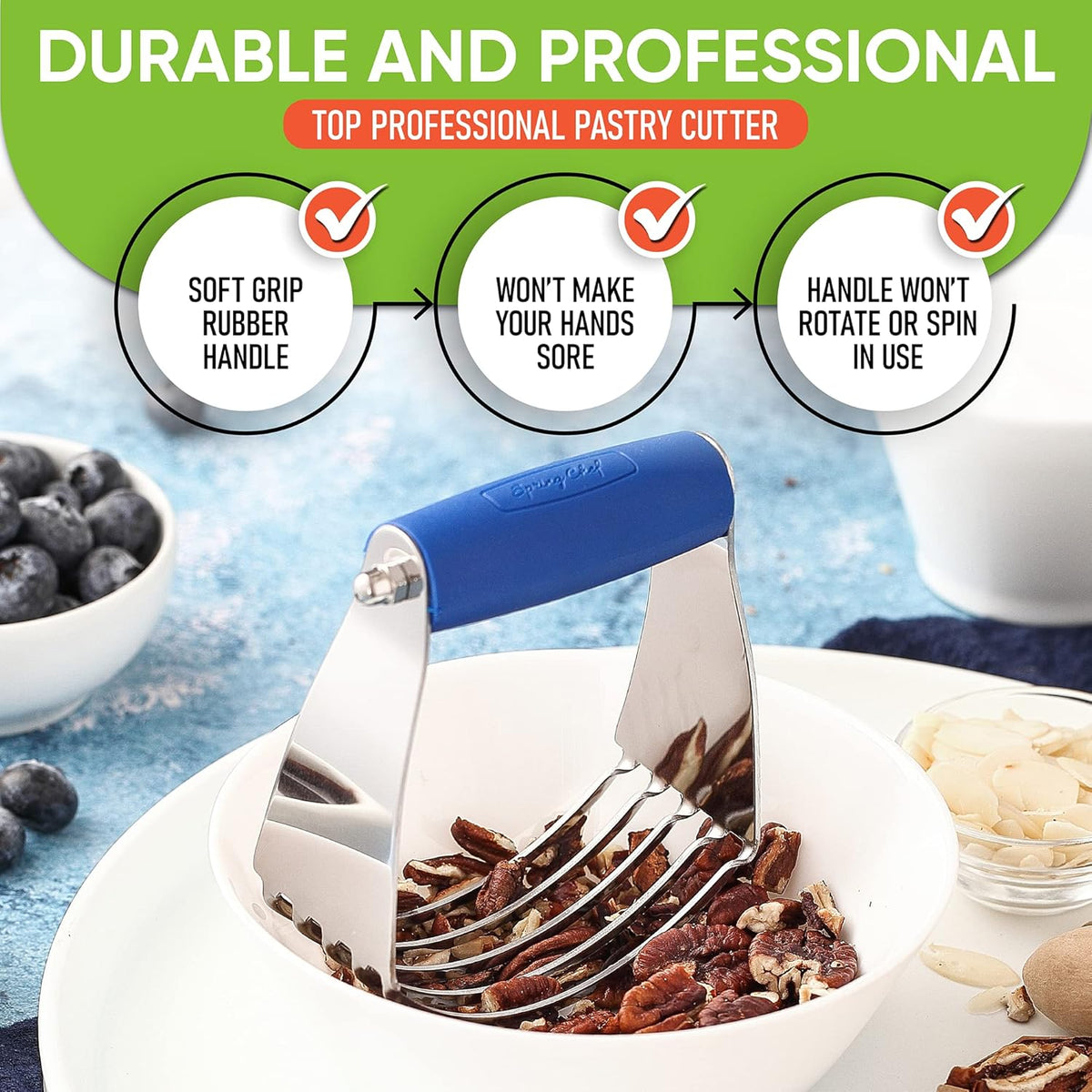 Spring Chef Medium Size Dough Blender For Baking, Dough Cutter Tool, Stainless Steel Puff Pastry Cutter Tool with Soft Grip Handle, Dishwasher Safe Pastry Blender for Easy Mixing - Sapphire