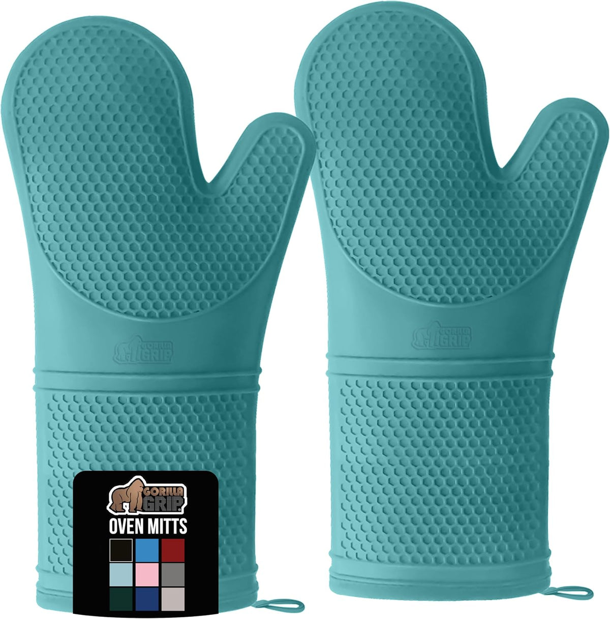 GORILLA GRIP BPA-Free Soft Silicone Oven Mitts, 14.5x8.3, Heat Resistant and Waterproof Cooking Gloves, Thick Cotton Lining, Flexible Gripping for Baking Grilling, Kitchen Potholders Set, Turquoise