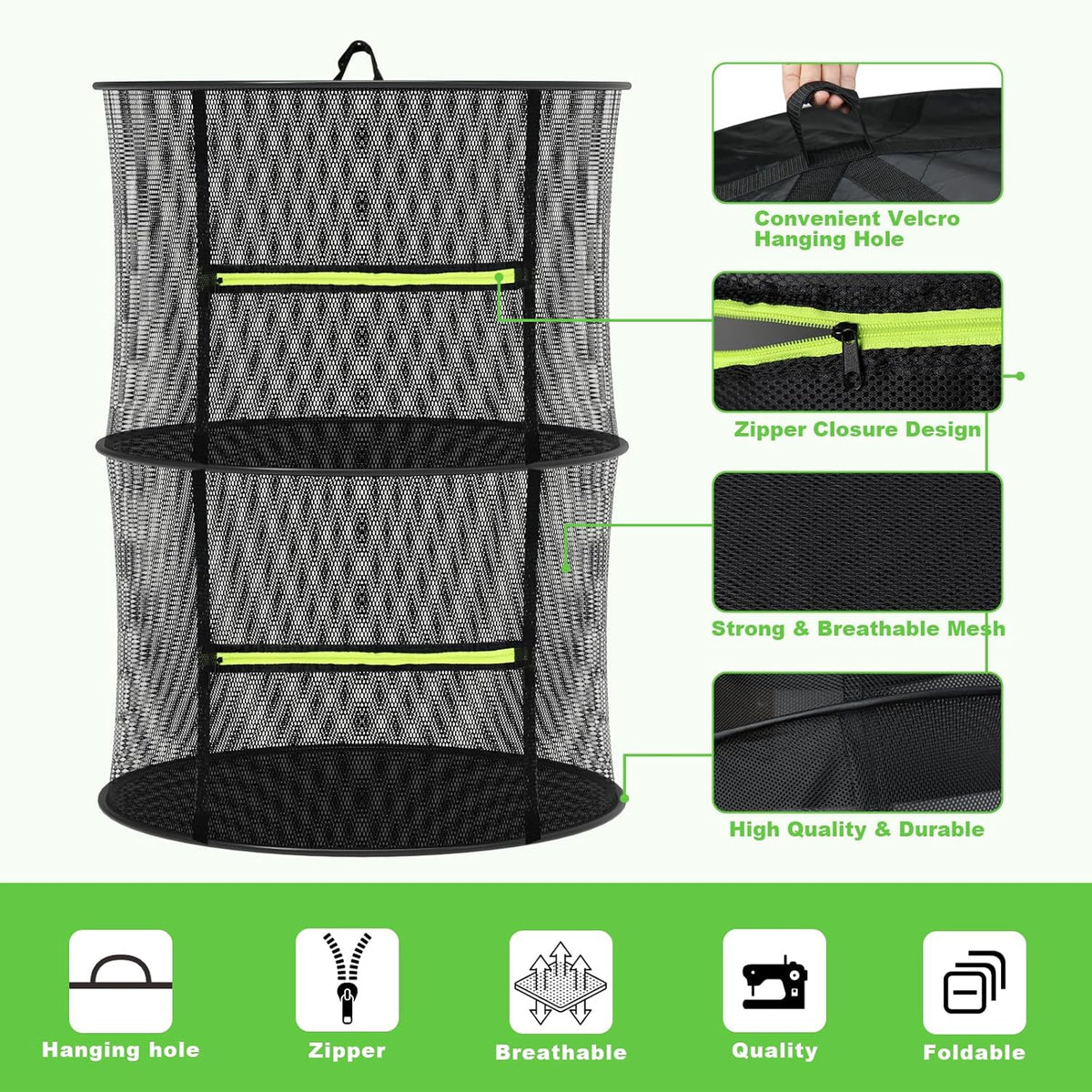 Herb Drying Rack - Mesh Drying Rack - Herb Drying Rack Hanging with Green Zipper & Garden Pruning Shears for Drying Herb - Hanging Drying Rack - Plant Drying Rack (2 Layers)