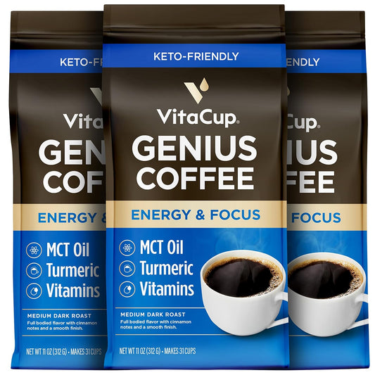 VitaCup Genius Ground Keto Coffee w/Turmeric, MCT Oil, B Vitamins, D3, Ground Coffee Medium Dark Roast, Bold & Smooth, 100% Arabica Coffee Grounds, 3 bags, 11oz each