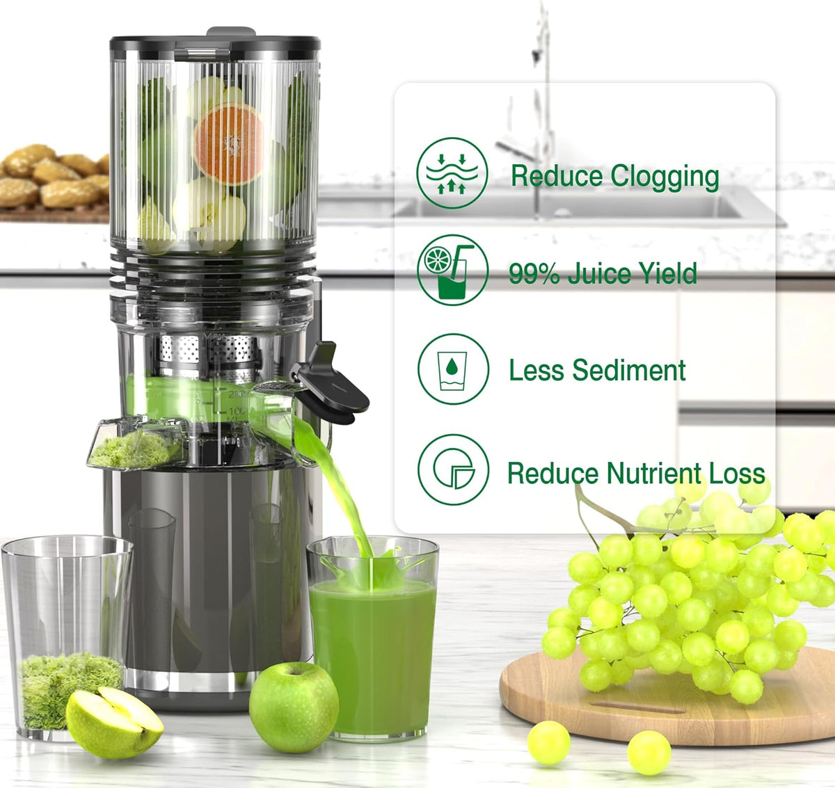 J8 Cold Press Juicer, 6.5" Extra Wide Feed Chute Juicer Machines, 350W Slow Juicer Machines with High Juice Yield for Whole Vegetables & Fruits, BPA Free (Titanium Gray)