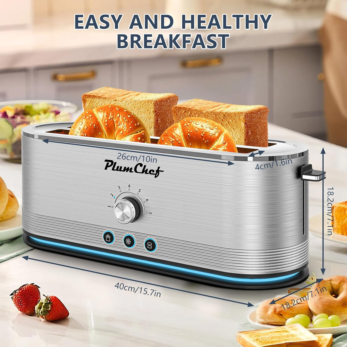 4-Slice Long Slot Toaster, 7 Browning Settings, Defrost/Reheat Functions, Removable Crumb Tray, Full body Stainless Steel Housing, 1350W, Anti-Fingerprint & Anti-Jam,Silver
