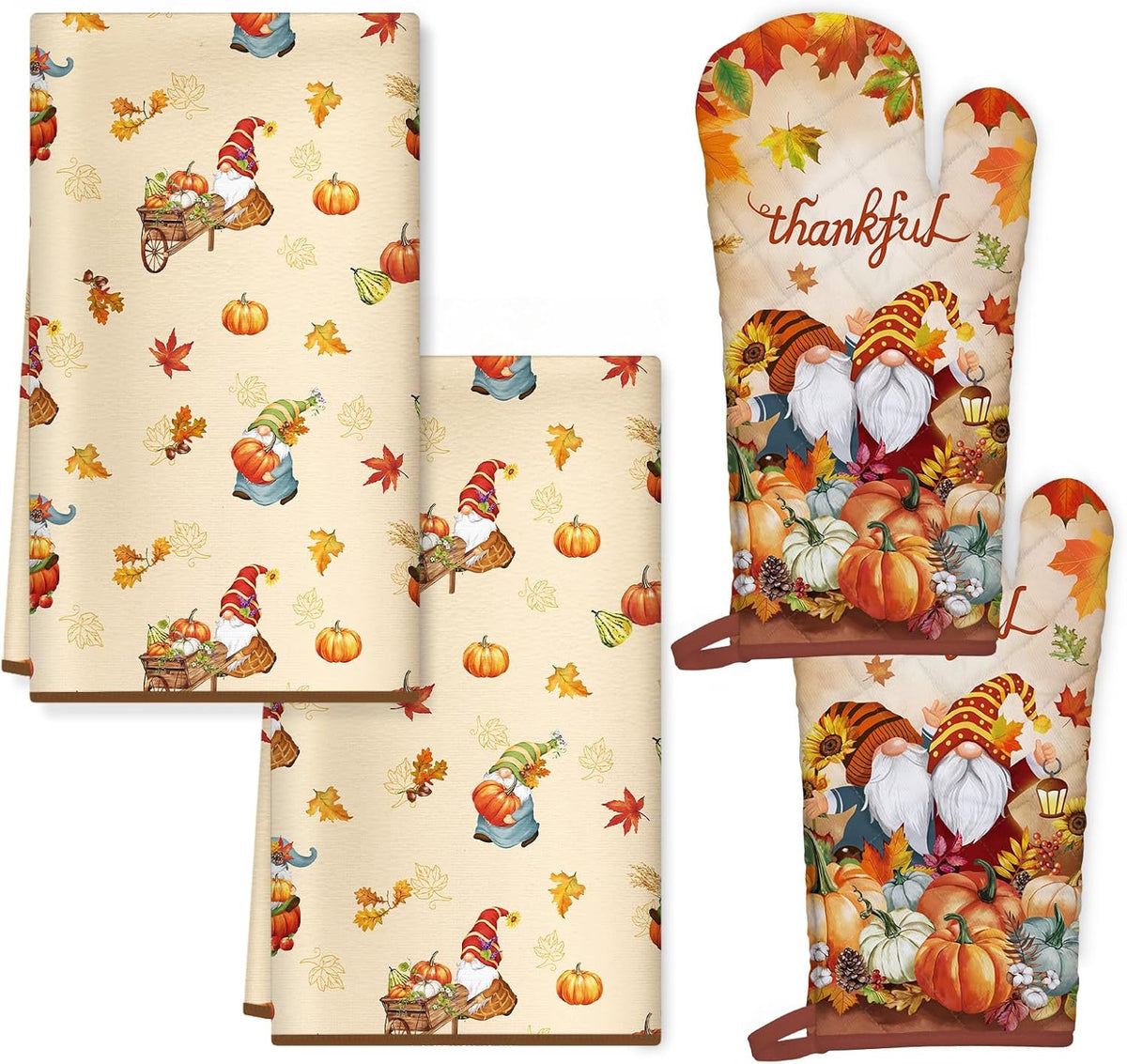 Fall Thanksgiving Gnome Kitchen Towels and Oven Mitts Set 4Pcs, Soft Absorbent Dish Cloth Heat Resistant Oven Gloves for Cooking Baking Kitchen Decoration, Gifts for Her