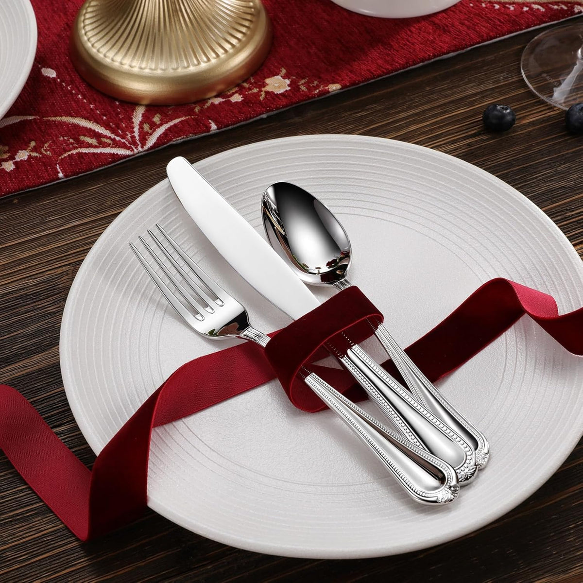 KEAWELL Pearl Edge Premium 45-Piece Refined Bead Silverware Set, 18/10 Stainless Steel, Service for 8, Fine Flatware Set with Serving Utensils, Dishwasher Safe (45, Silver)
