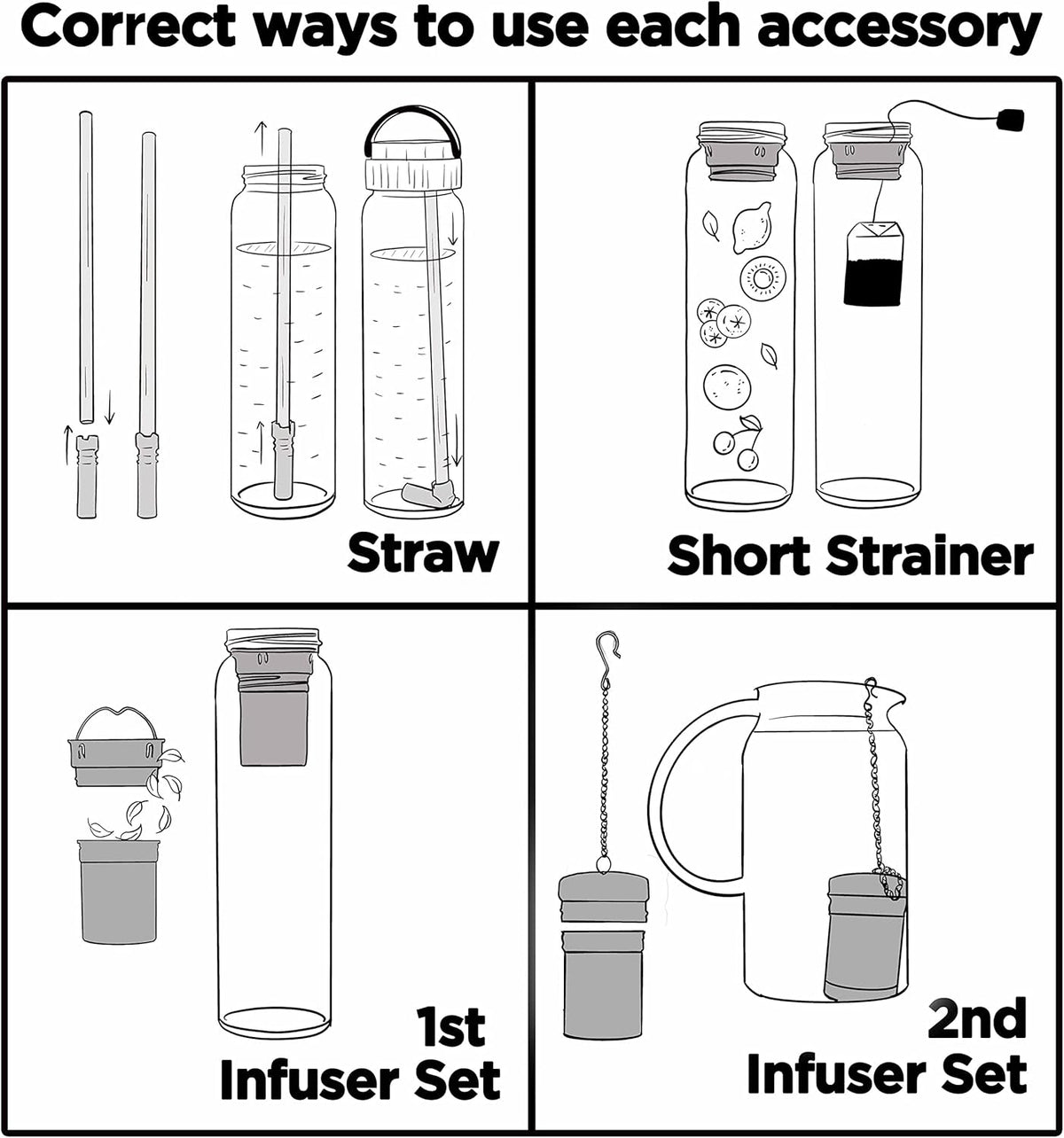 32oz Borosilicate Glass Water Bottle with Bamboo Lid and 2 Tea Infuser Sets for Fruit Infused Water and Cold Brew Coffee - Tea Strainer for Loose Leaf Tea (Flower)